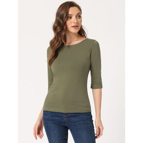 Elbow Sleeves Round Neck Slim Fit Tee Olive Green - Picture 2 of 5